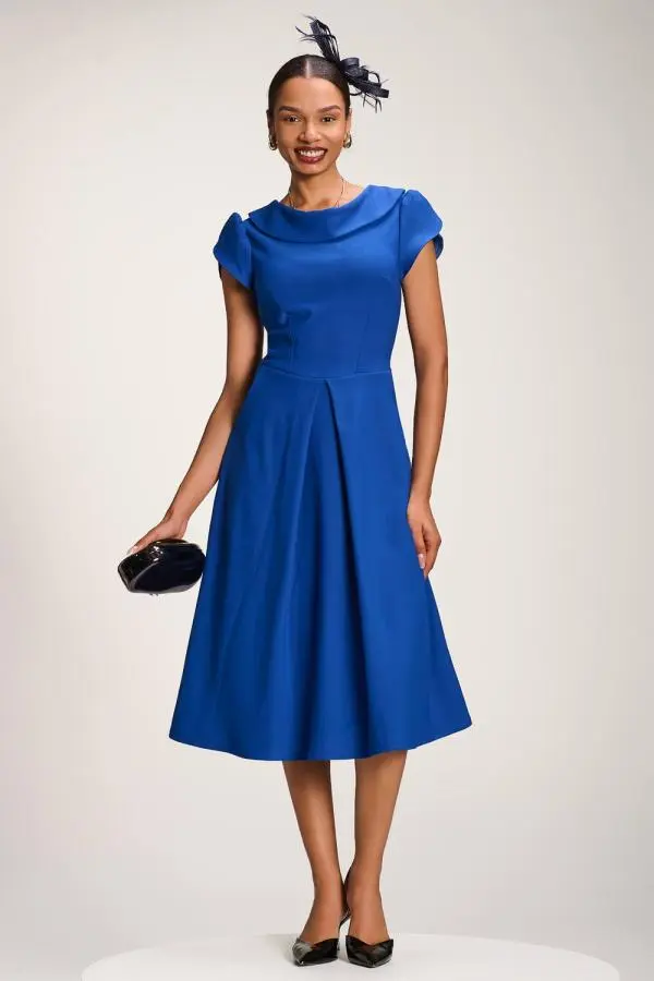 Jolie Moi Women's Roll Neck Petal Sleeve Midi Dress in Blue 