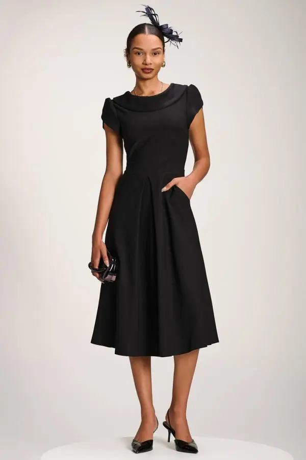 Jolie Moi Women's Roll Neck Petal Sleeve Midi Dress in Black 