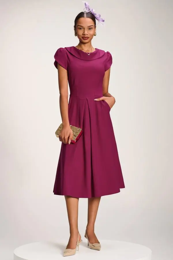 Jolie Moi Women's Roll Neck Petal Sleeve Midi Dress in Magenta 
