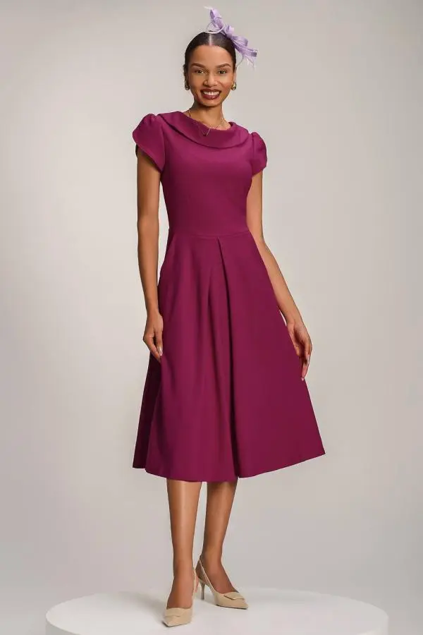 Jolie Moi Women's Roll Neck Petal Sleeve Midi Dress in Magenta 