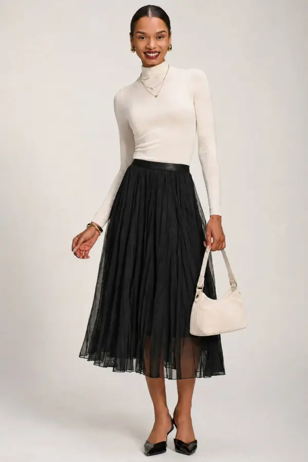 Jolie Moi Women's Plain Crinkle Mesh Midi Skirt in Black 