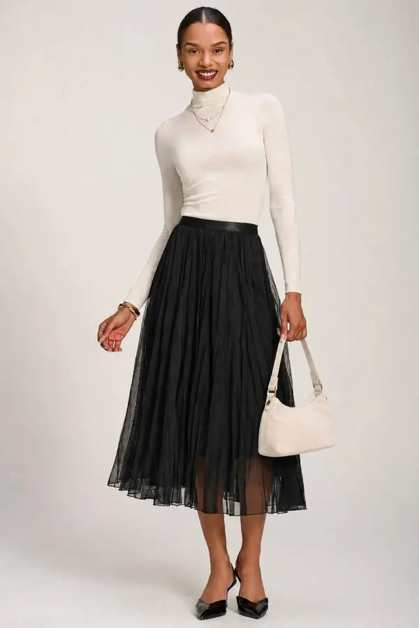 Jolie Moi Women's Plain Crinkle Mesh Midi Skirt in Black 