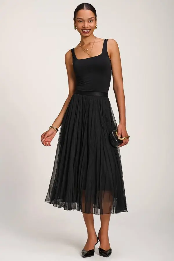 Jolie Moi Women's Plain Crinkle Mesh Midi Skirt in Black 