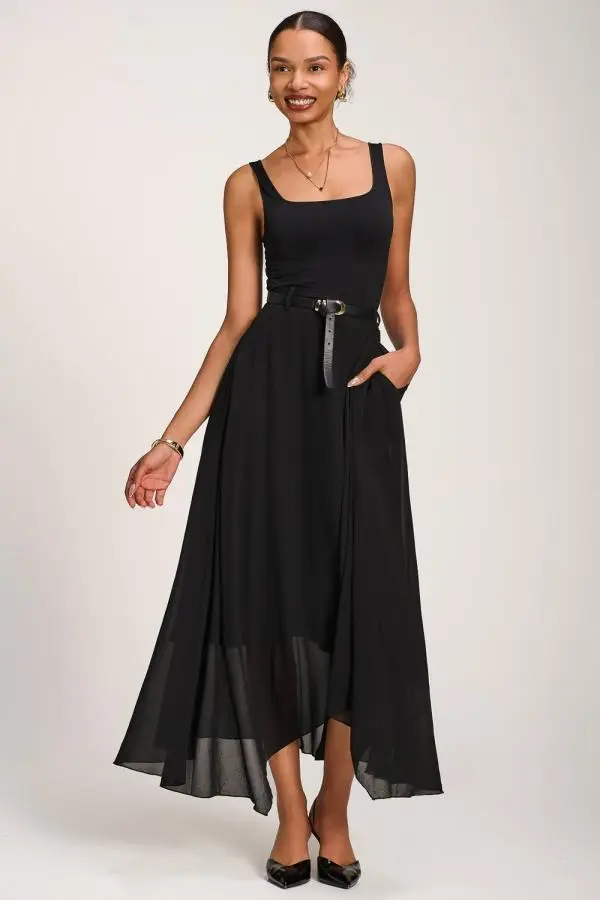 Jolie Moi Women's Asymmetric Frill Chiffon Maxi Skirt in Black 