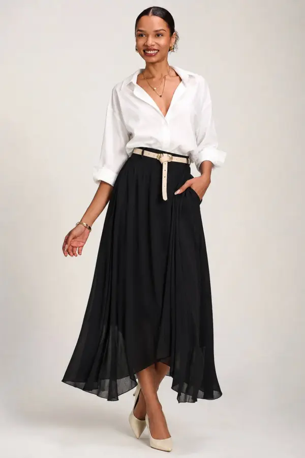 Jolie Moi Women's Asymmetric Frill Chiffon Maxi Skirt in Black 