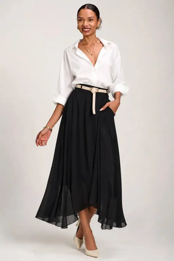 Jolie Moi Women's Asymmetric Frill Chiffon Maxi Skirt in Black 