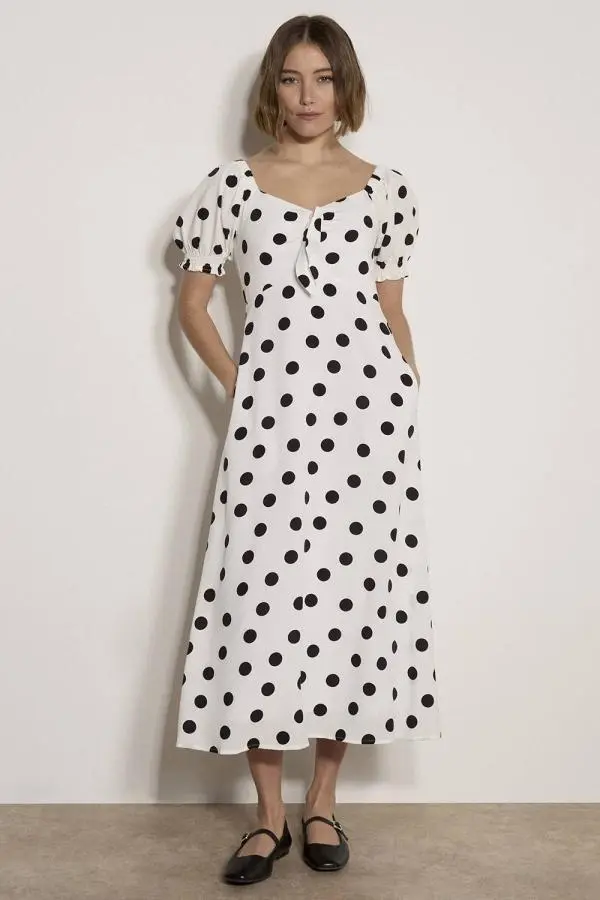 Apricot Women's Polka Dot Bow Detail Midi Dress in White 