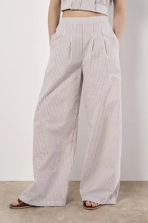 Apricot Women's Stripe Wide Leg Trousers in Stone 