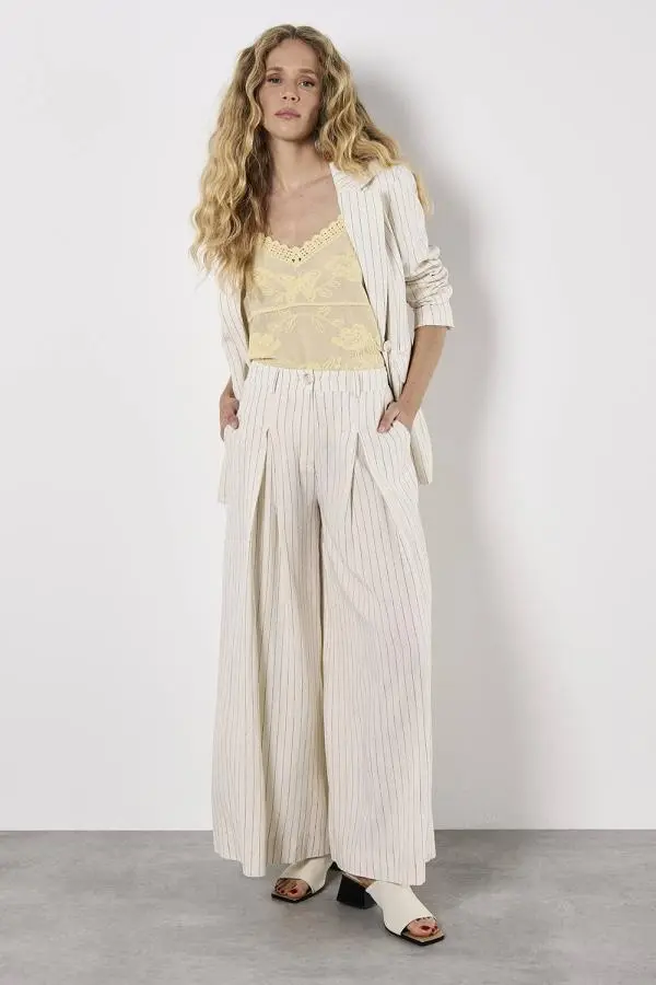 Apricot Women's Pinstripe Pleat Palazzo Trousers in Stone 