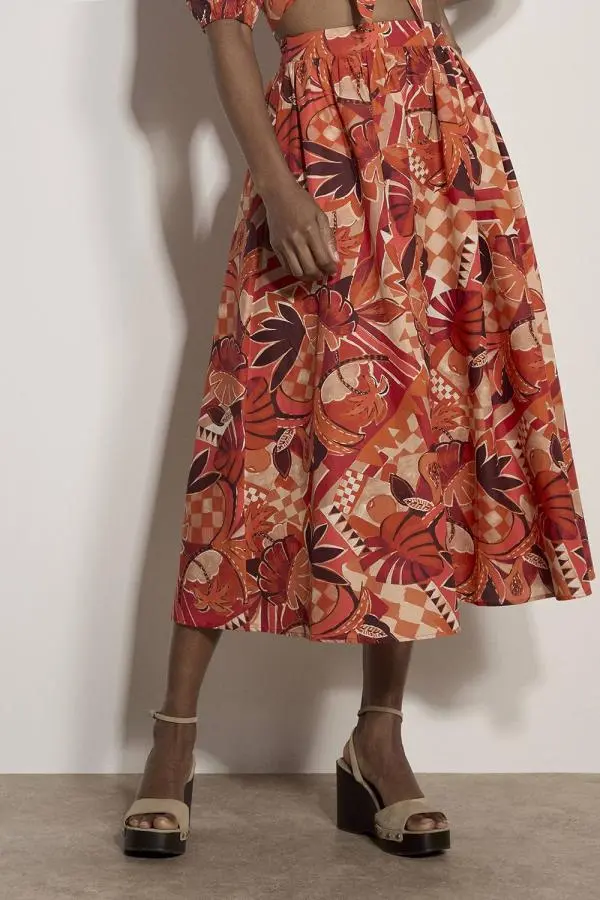 Apricot Women's Tropical Leaf Patchwork Cotton Midi Skirt in Red 