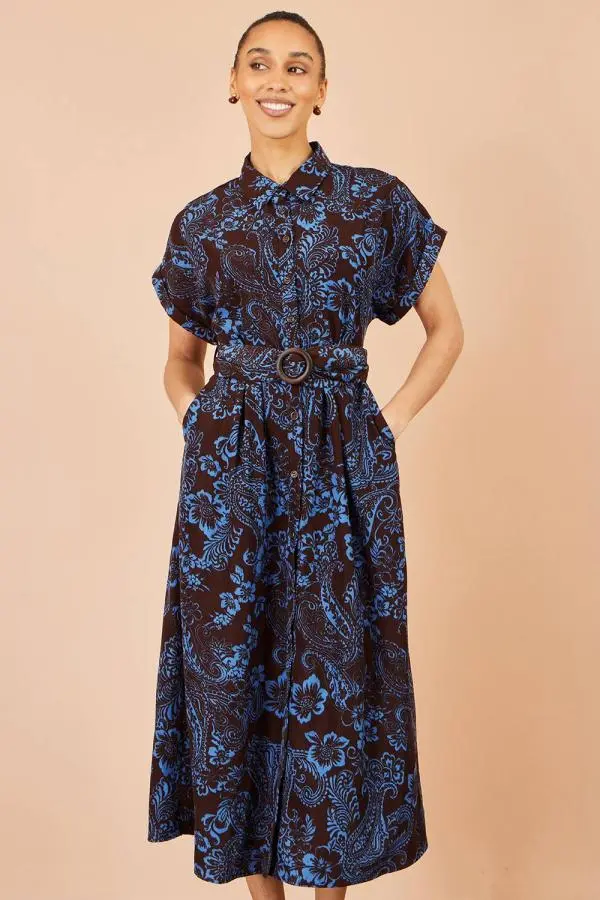Yumi Women's Paisley Midi Shirt Dress in Brown 