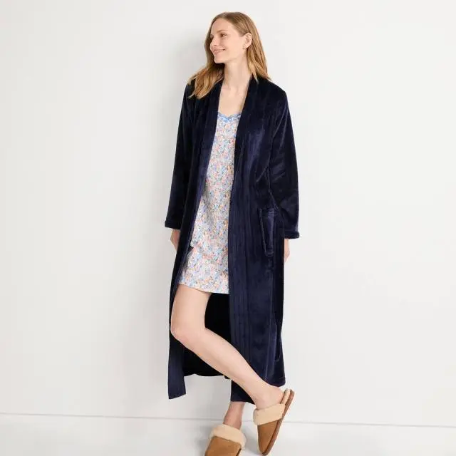 Lands' End Women's Softest Fleece Long Dressing Gown in Navy 