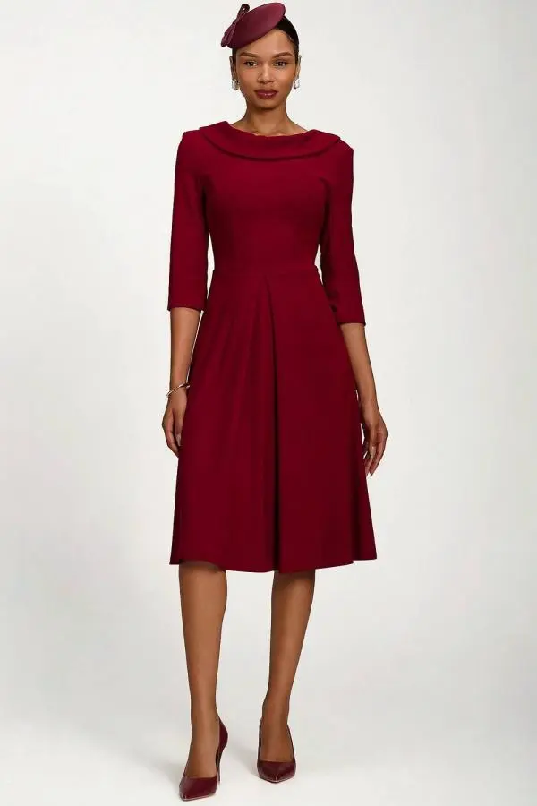Jolie Moi Women's Roll Neck ¾ Sleeve Midi Dress in Burgundy 