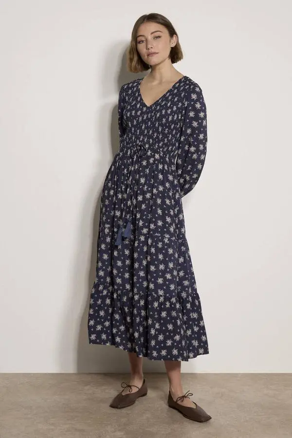 Apricot Women's Smocked Floral Midi Dress in Navy 