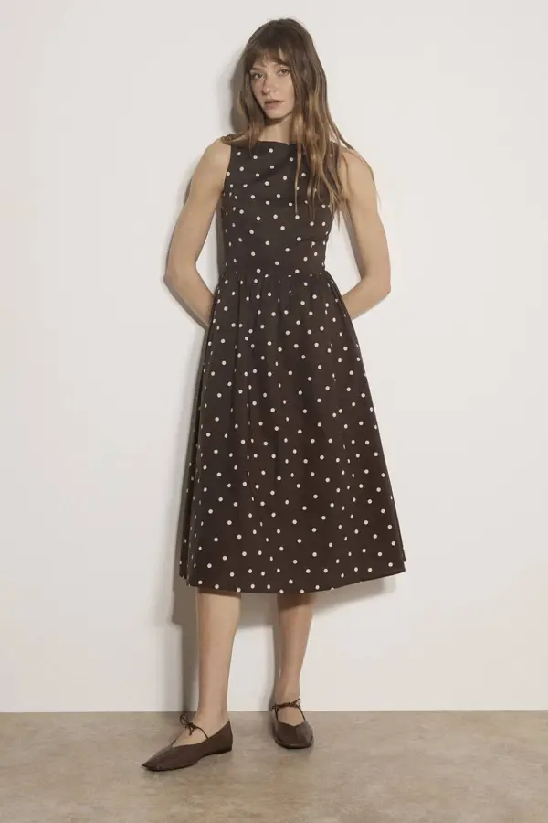 Apricot Women's Polka Dot A-Line Cotton Midi Dress in Brown 