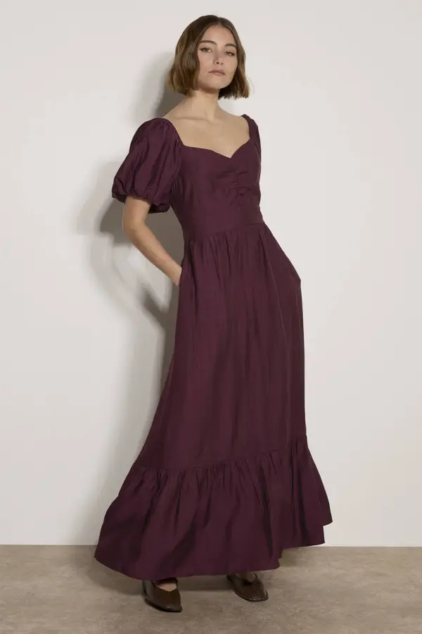 Apricot Women's Smocked Shimmer Maxi Dress in Burgundy 