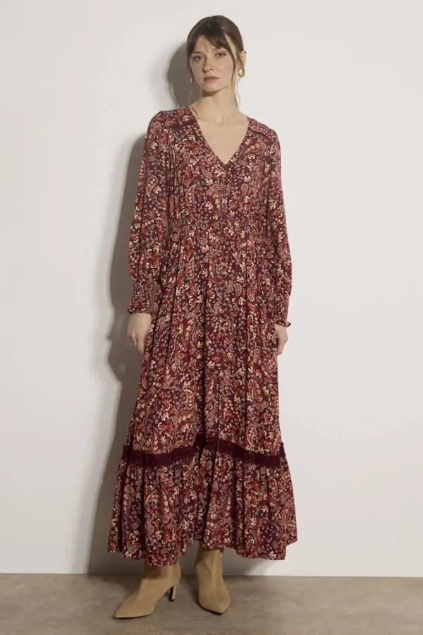 Apricot Women's Paisley Floral Maxi Dress in Burgundy 