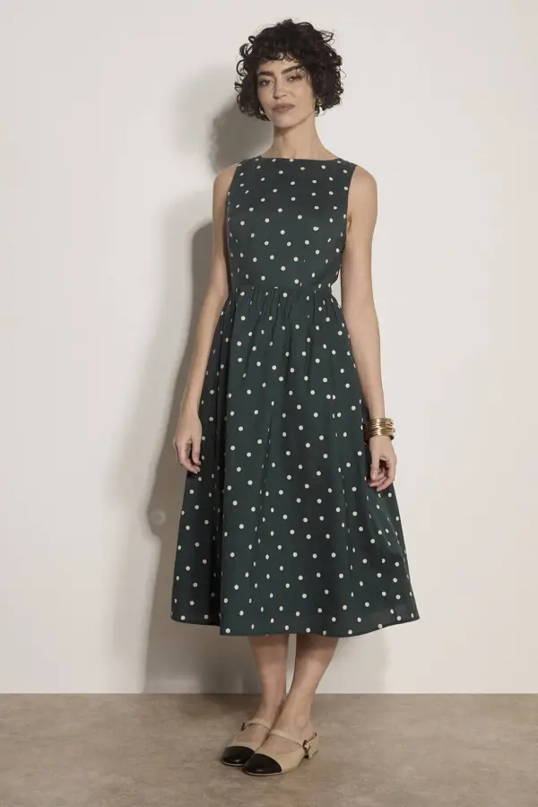 Apricot Women's Polka Dot A-Line Cotton Midi Dress in Green 