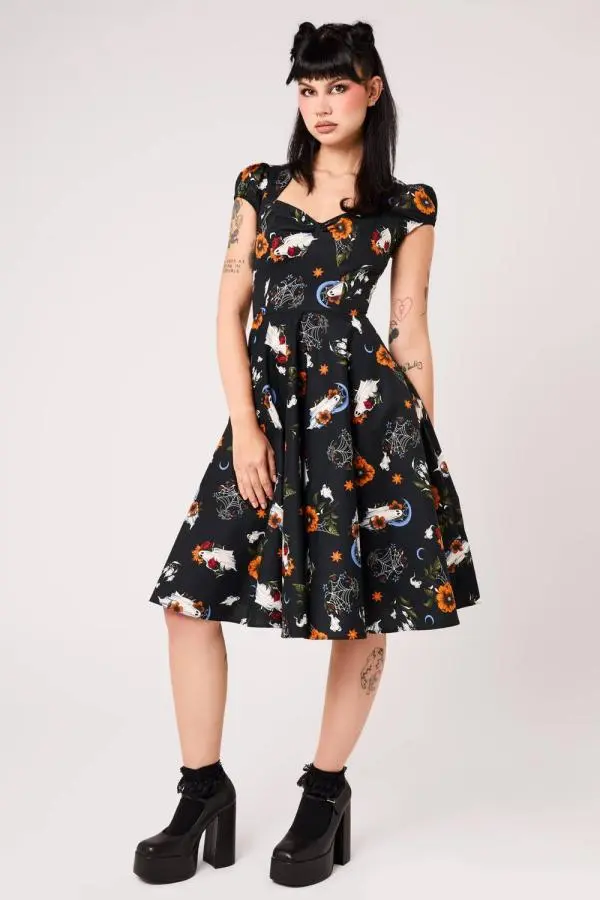 Hell Bunny Women's Ghost Flower Black Halloween Print Cotton Midi Dress