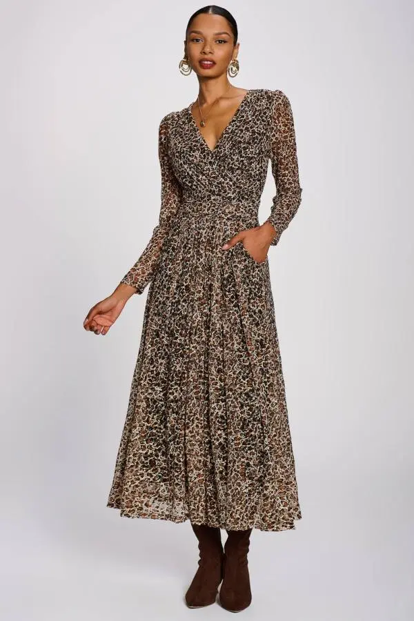 Jolie Moi Women's Long Sleeve Pleated Lace Maxi Dress 
