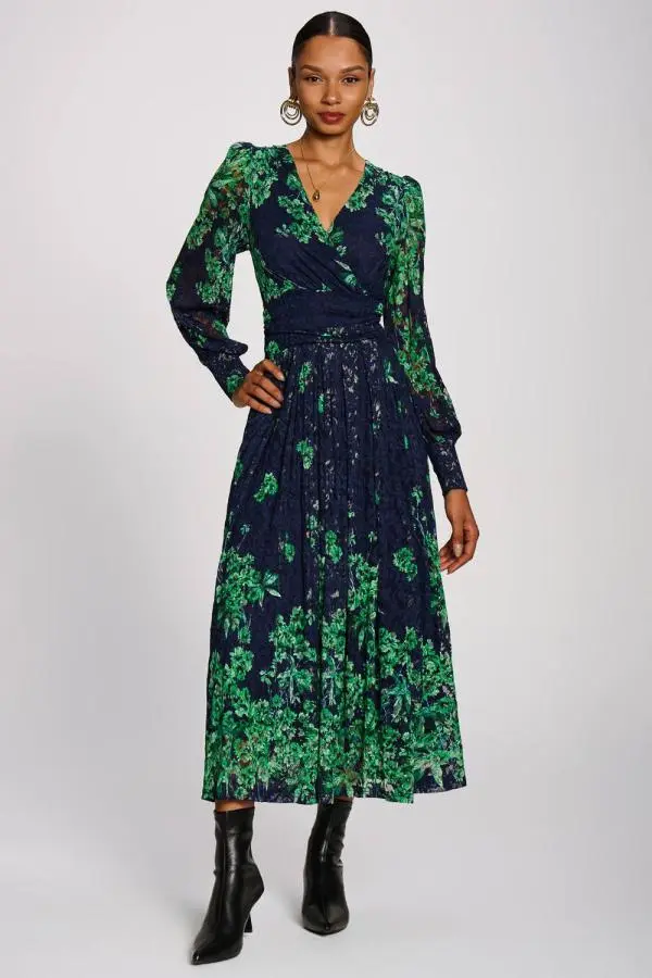 Jolie Moi Women's Long Sleeve Printed Lace Maxi Dress 