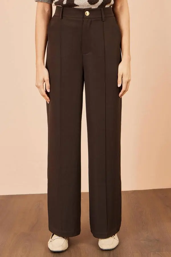 Yumi Women's Wide Leg Stretch Trousers in Brown 
