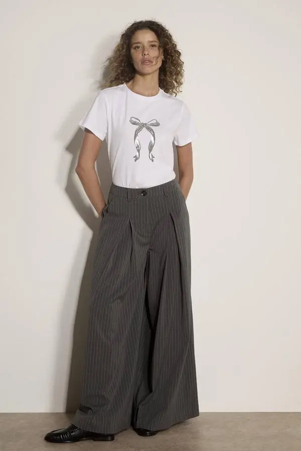Apricot Women's Wide-Leg Pleat Pinstripe Trousers in Grey 