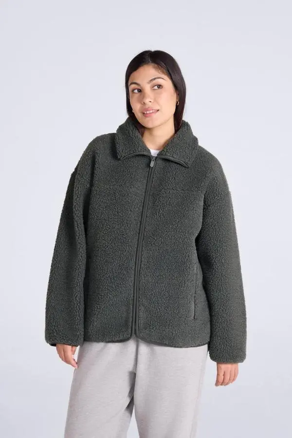 Animal Women's 'Anna' Warm & Cosy Side Pockets Soft Borg Fabric Full Zip Fleece in Dark Green 