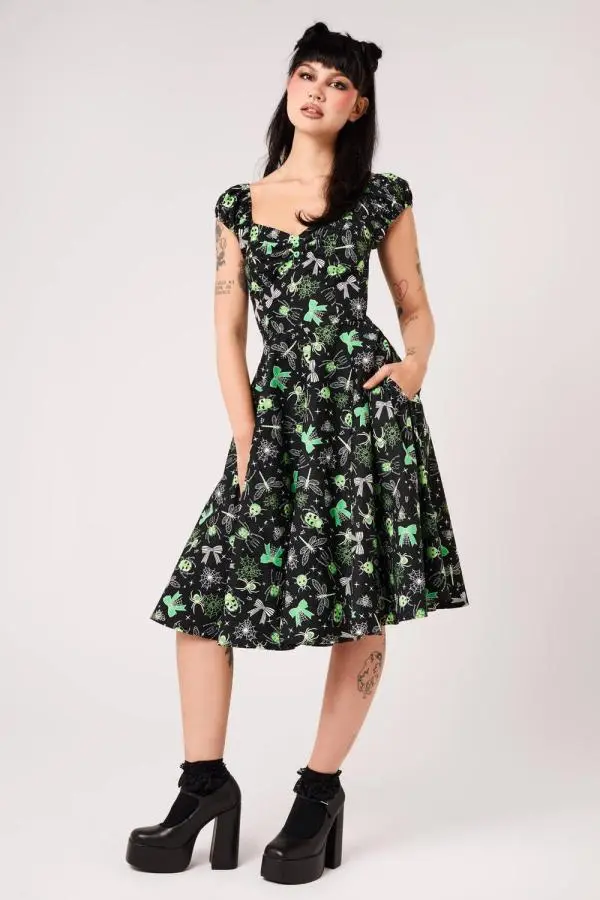 Hell Bunny Women's Millie Black Halloween Print Sweetheart Cotton Swing Dress 