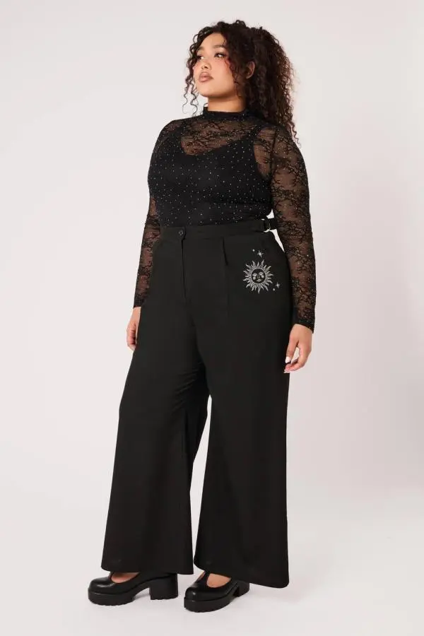 Hell Bunny Women's Celeste Black High Waist Wide Leg Sun Moon Embroidered Trousers 