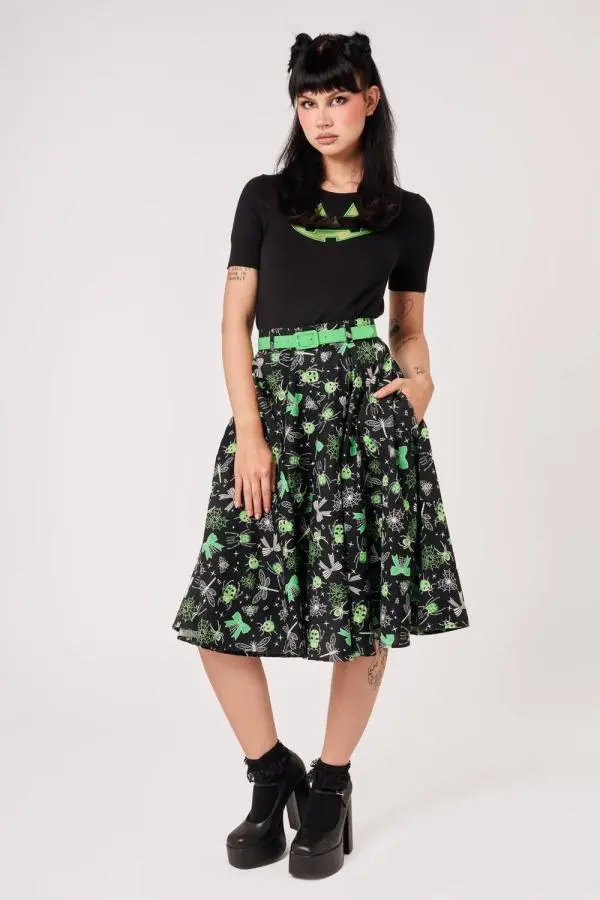 Hell Bunny Women's Millie Black Halloween Print Cotton Circle Midi Skirt