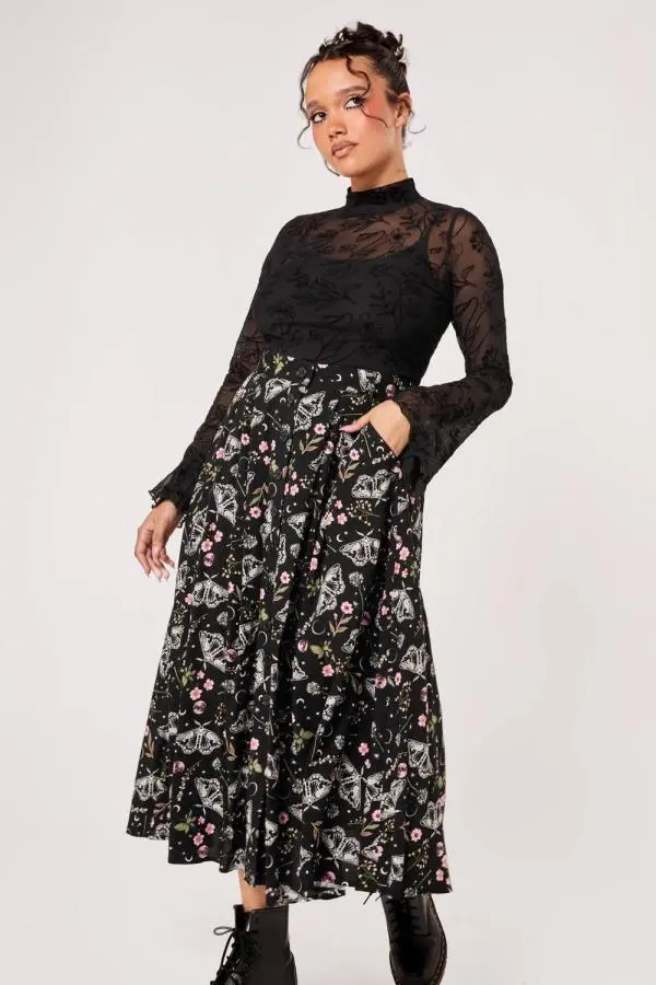 Hell Bunny Women's Chrysalis Black Moth Floral Celestial Print Sweetheart Midi Skirt
