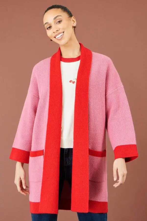 Yumi Women's Contrast Knitted Cardigan in Pink 
