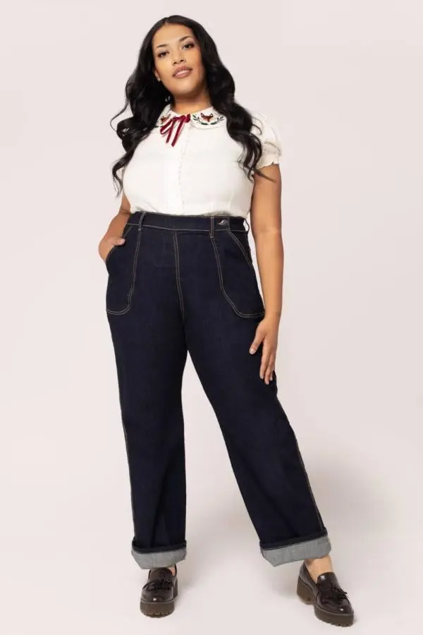 Hell Bunny Women's Weston Denim High Waisted Trousers in Navy 