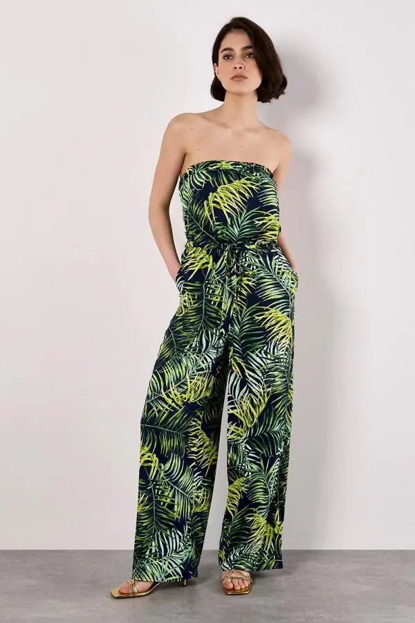 Apricot Women's Bandeau Leaf Wide Leg Jumpsuit in Navy 