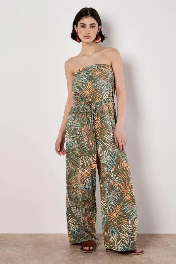 Apricot Women's Bandeau Leaf Wide Leg Jumpsuit in Khaki 
