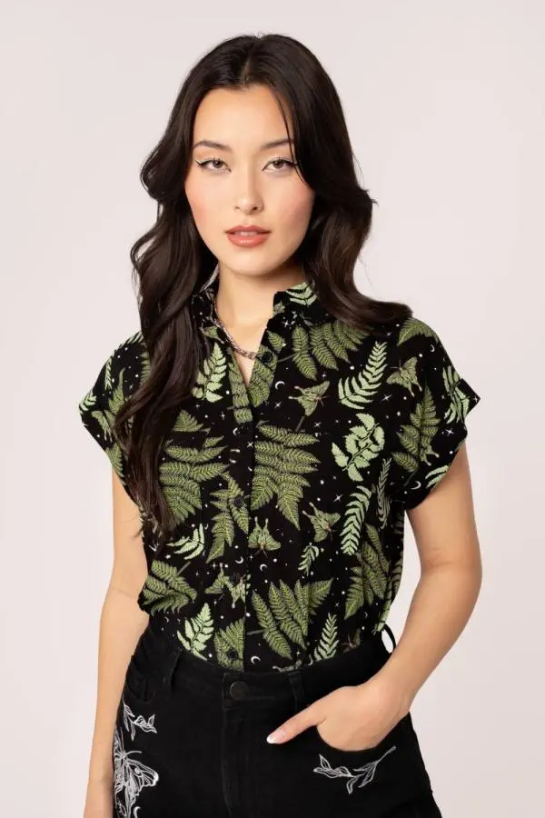 Hell Bunny Women's Gaia Black Shirt With Celestial & Foliage Print & Chest Pockets 