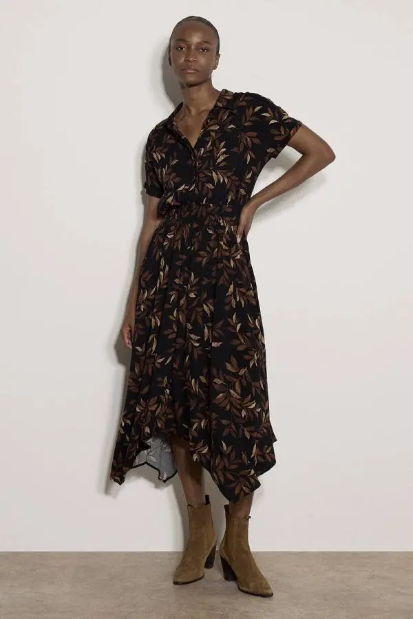 Apricot Women's Leaf Print Hanky Hem Midi Dress in Dark Brown 