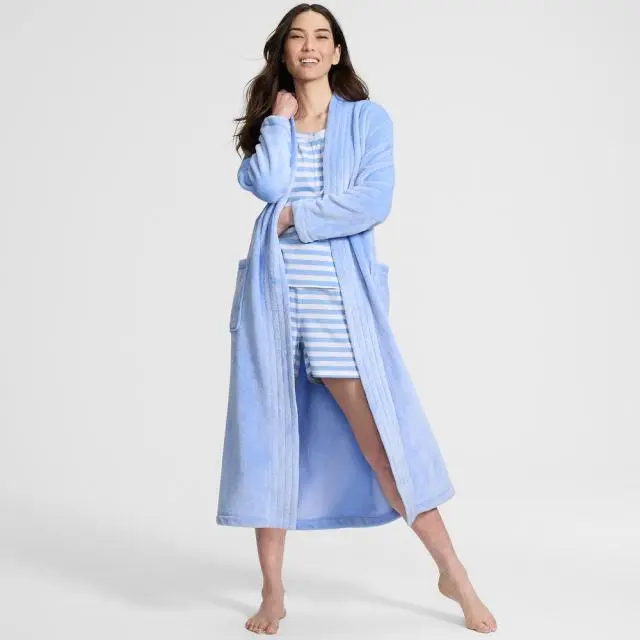 Lands' End Women's Petite Softest Fleece Long Dressing Gown in Pale Blue 
