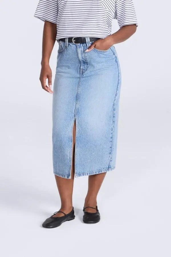 Animal Women's 'Denim' Soft Cotton Casual Multi-Pocket Button Front Split Midi Skirt in Blue 