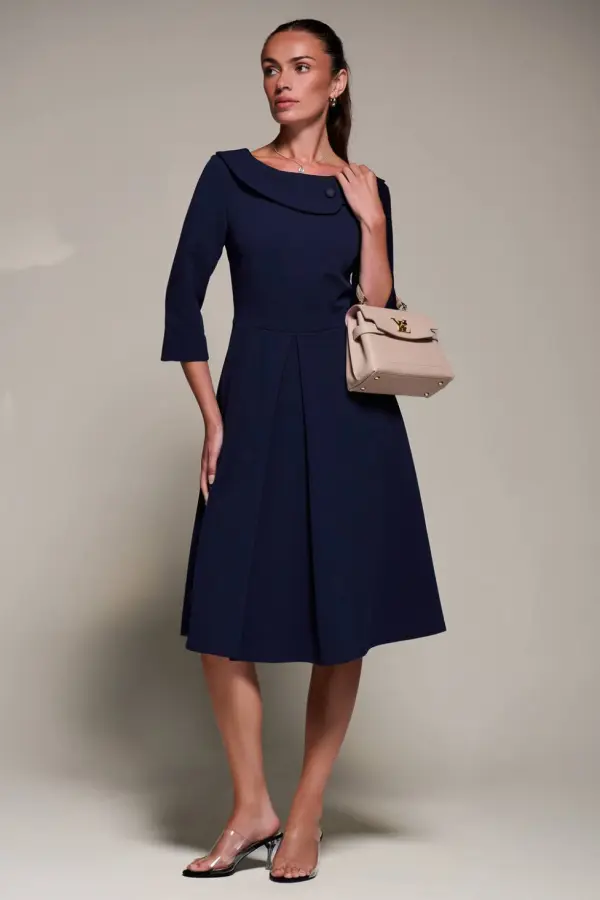 Jolie Moi Women's Buttoned Fold Collar Midi Dress in Navy 