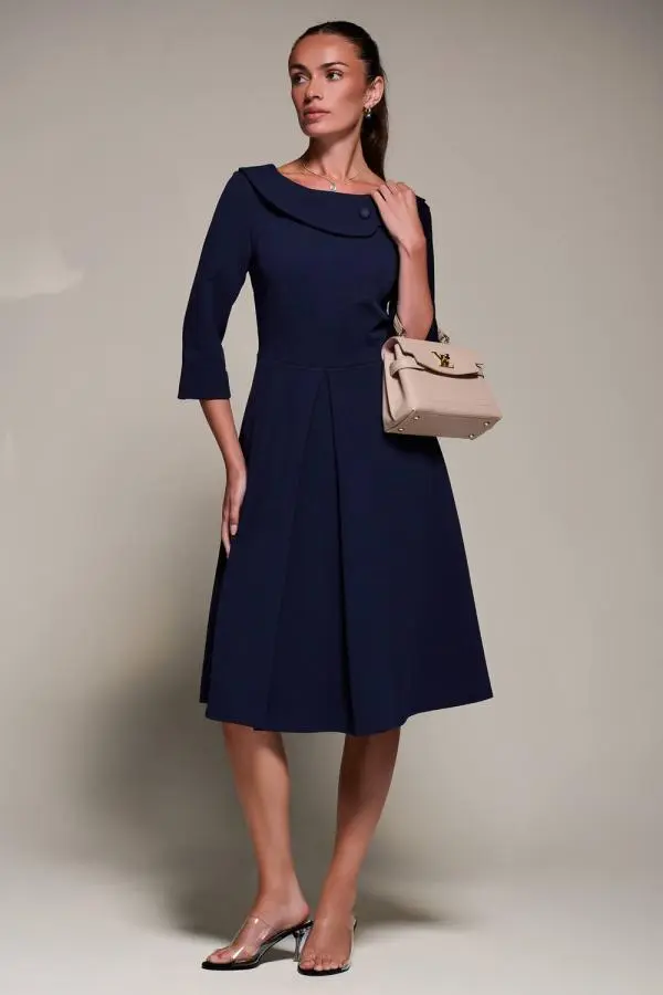 Jolie Moi Women's Buttoned Fold Collar Midi Dress in Navy 