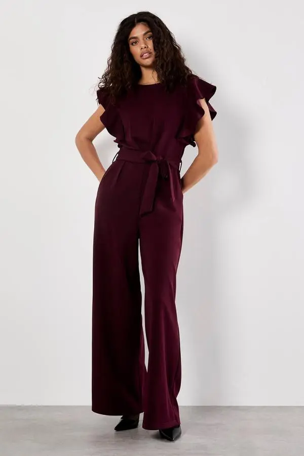 Apricot Women's Ruffle Sleeve Jersey Jumpsuit in Burgundy 