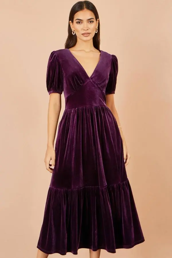 Yumi Women's Velvet Midi Dress in Purple 