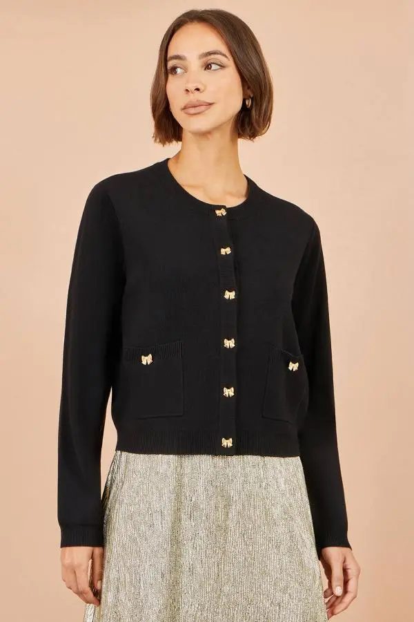 Yumi Women's Bow Button Cardigan in Black 