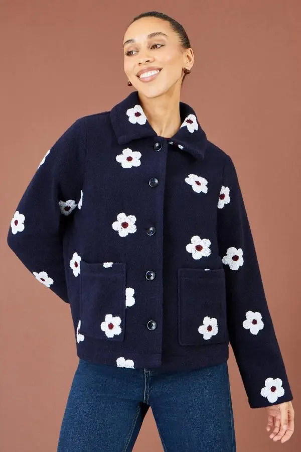 Yumi Women's Embroiderd Daisy Fleece Jacket in Navy 