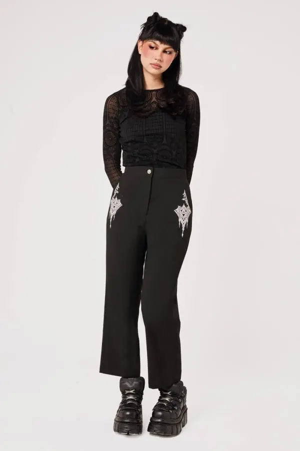 Hell Bunny Women's Elizabeth Black Cropped Straight Leg Trousers with Embroidery 