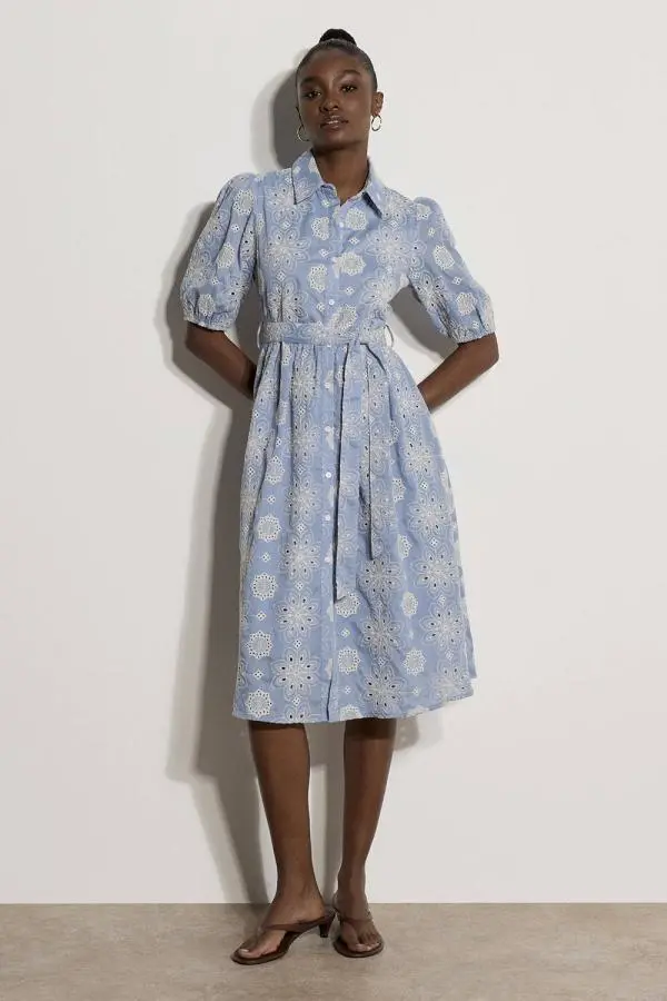 Apricot Women's Broderie Anglaise Shirt Midi Dress in Blue 