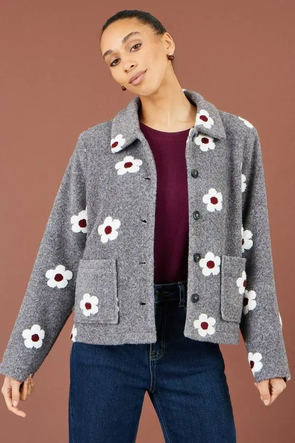 Yumi Women's Embroiderd Daisy Fleece Jacket in Grey 