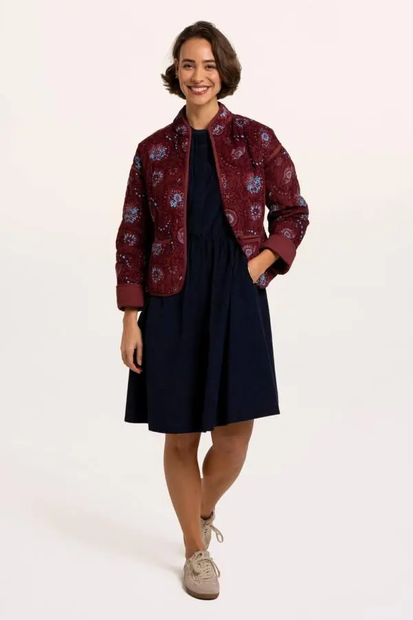 Brakeburn Women's Plum Printed Quilted Zip Front Jacket in Burgundy 